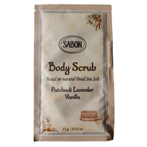 Sabon Body Scrub in Patchouli Lavender Vanilla Natural Dead Sea Salt 0.52oz 15g - Picture 1 of 2